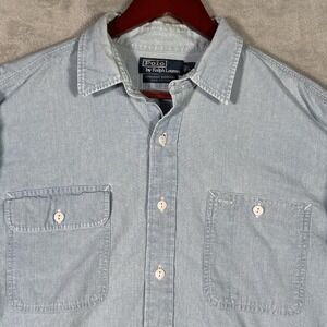 Polo Ralph Lauren Shirt Mens L Blue Denim Chambray Dungaree Workshirt